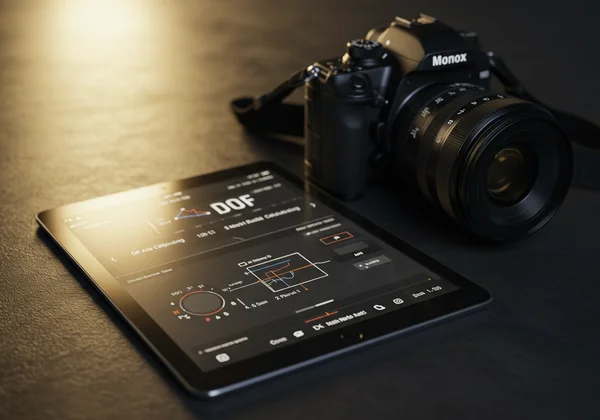 Photographer planning with DOF calculator and camera gear