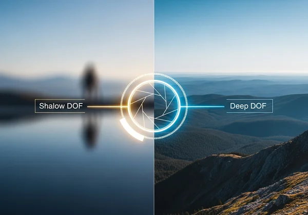 A stylized abstract visualization representing control over depth of field in filmmaking.