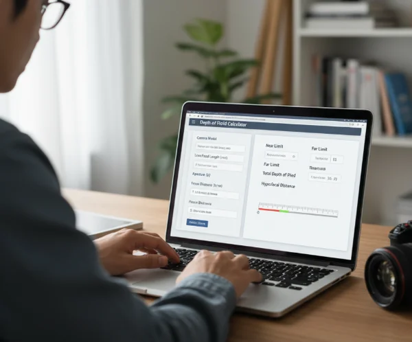 Photographer using a depth of field calculator