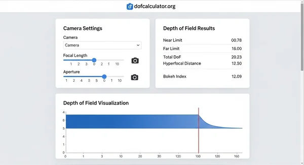 Screenshot of the DOF Calculator's interactive interface.